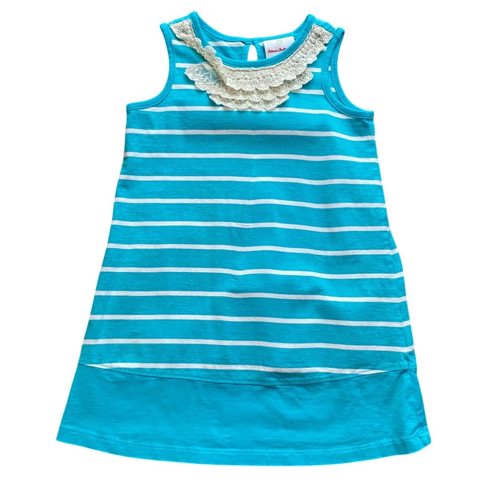 Hanna Andersson Girls Turquoise White Striped Laceโ Collar Cotton Dress Size 110